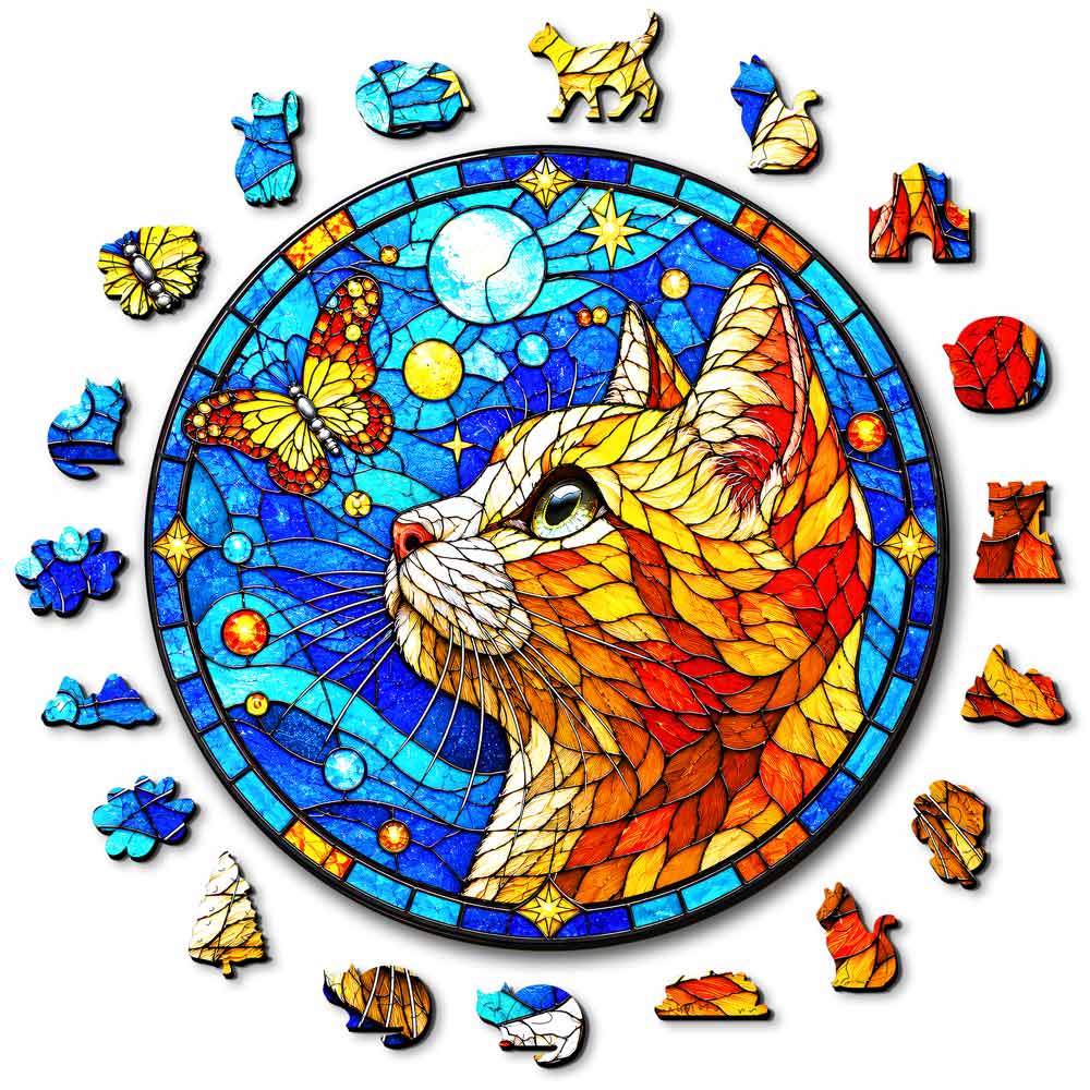 Wooden Jigsaw Puzzles A5 Butterfly Cat - Stained Glass Jigsaw Puzzle
