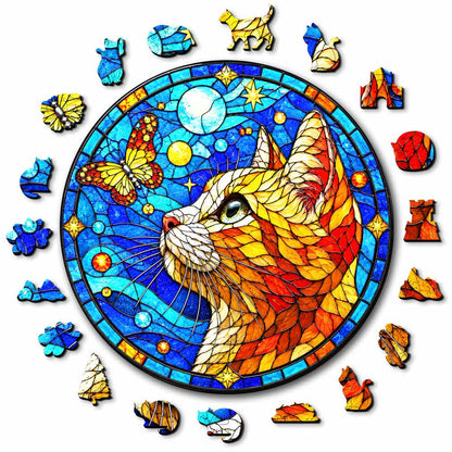 Wooden Jigsaw Puzzles A5 Butterfly Cat - Stained Glass Jigsaw Puzzle