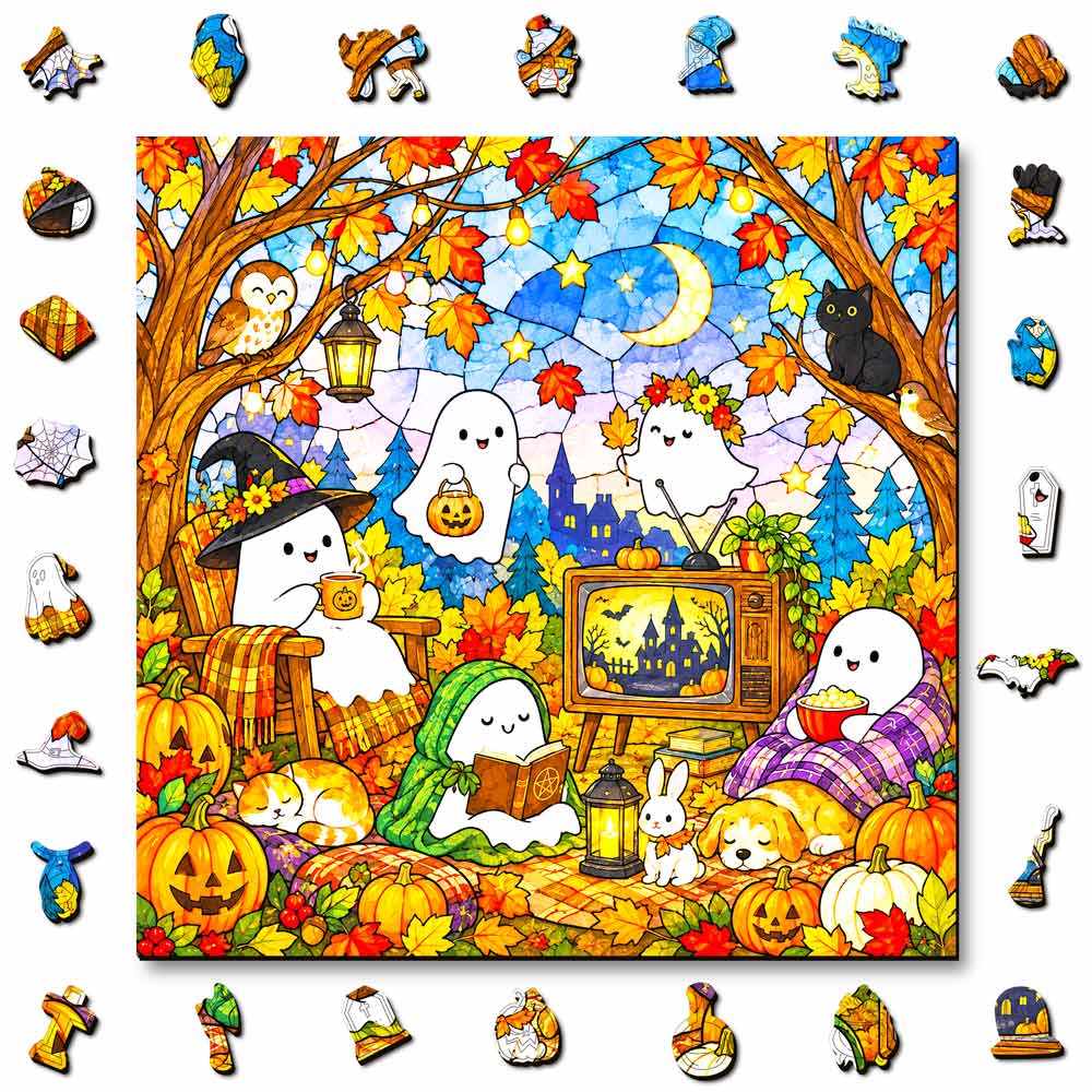Wooden Jigsaw Puzzles A5 Cozy Ghosts - Jigsaw Puzzle