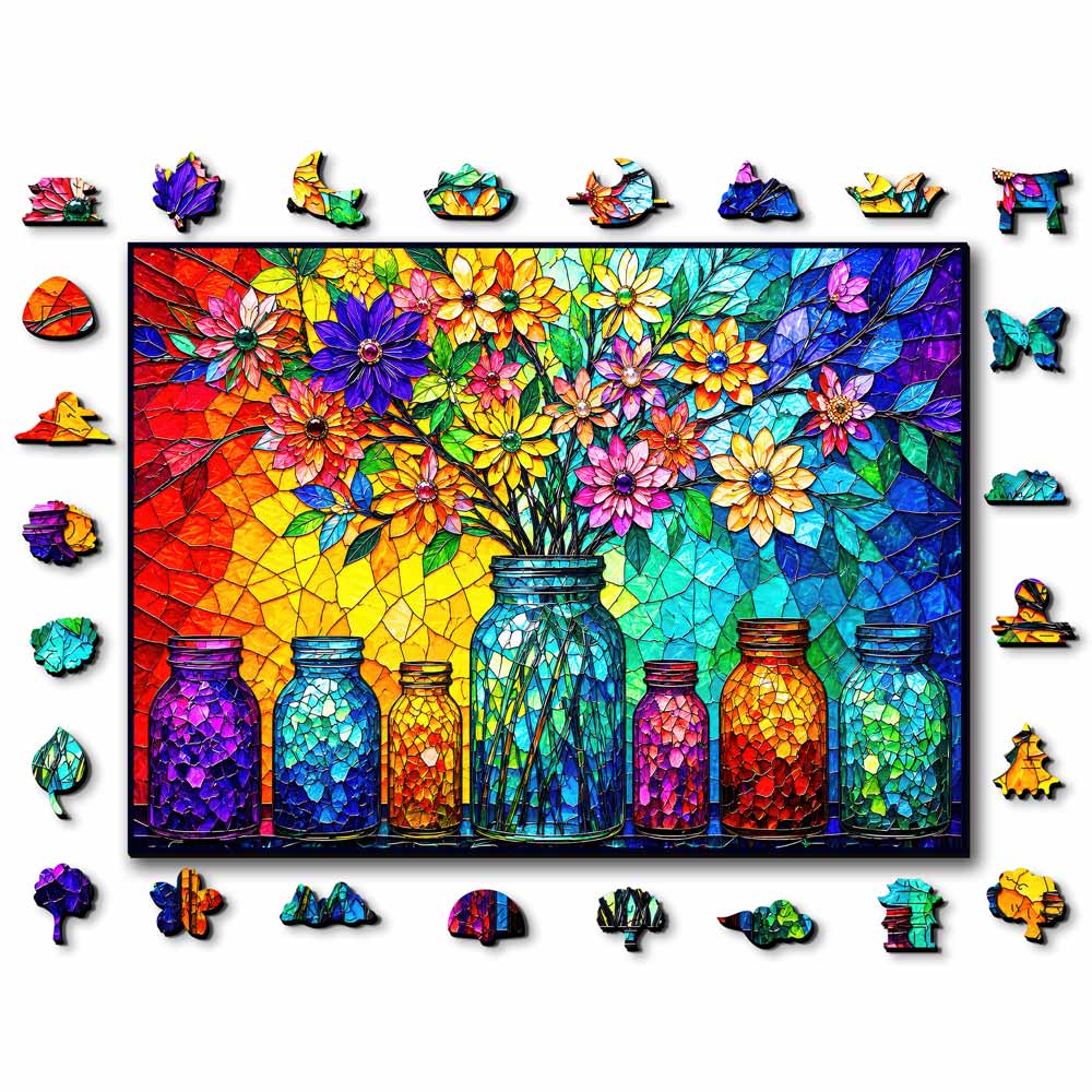 Wooden Jigsaw Puzzles A5 Floral Bottles - Stained Glass Jigsaw Puzzle