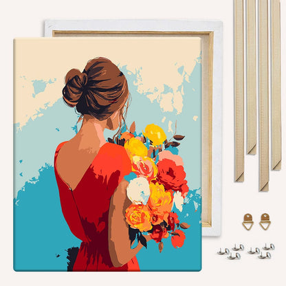 Painting By Numbers Kits With DIY Wood Frame Lady In Red - Paint By Numbers Kit