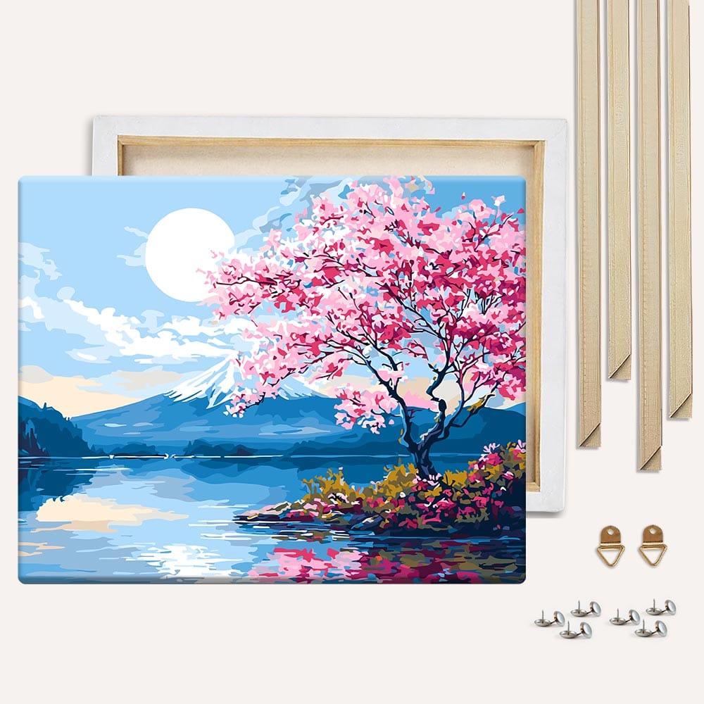 Painting By Numbers Kits With DIY Wood Frame Moonlit Sakura Lake - Paint By Numbers Kit