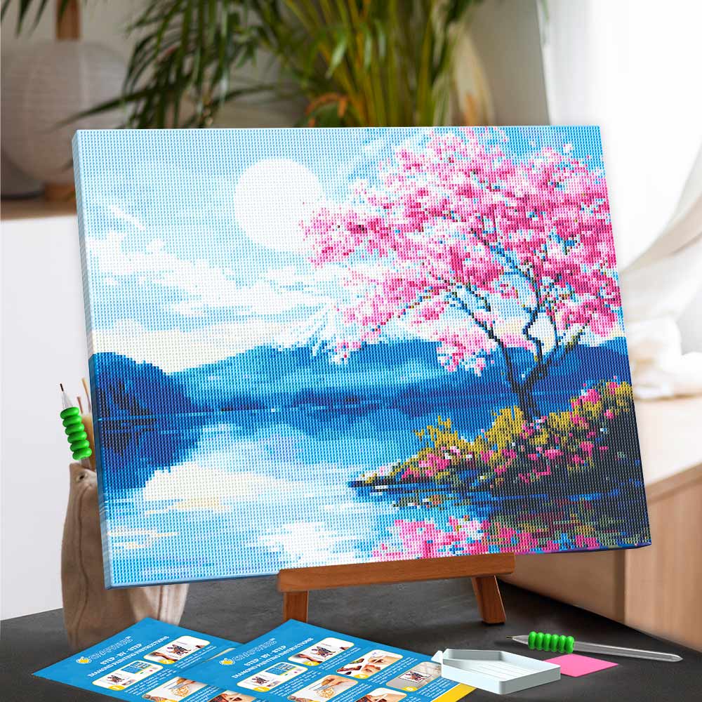 Diamond Painting Kits 15.7" x 19.6" (40 x 50cm) Moonlit Sakura Lake - Diamond Painting Kit