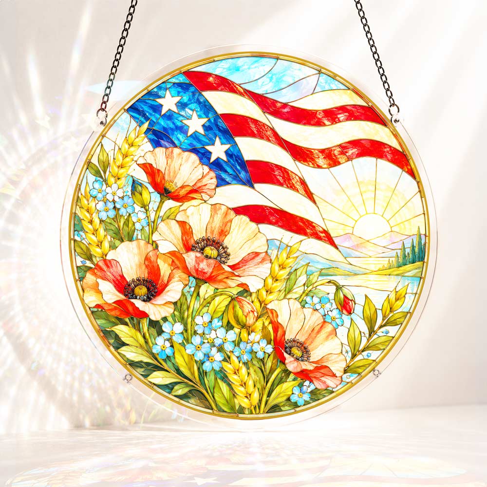 Acrylic Jigsaw Puzzle S - (7 inch) Acrylic Jigsaw Puzzle Suncatcher - Poppies and Old Glory