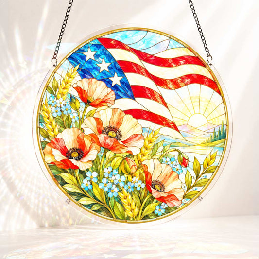 Acrylic Jigsaw Puzzle S - (7 inch) Acrylic Jigsaw Puzzle Suncatcher - Poppies and Old Glory