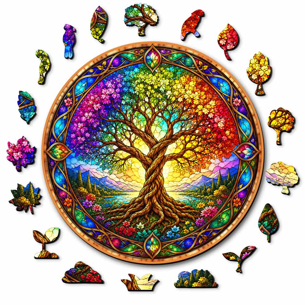 Wooden Jigsaw Puzzles A5 Radiant Tree - Stained Glass Jigsaw Puzzle