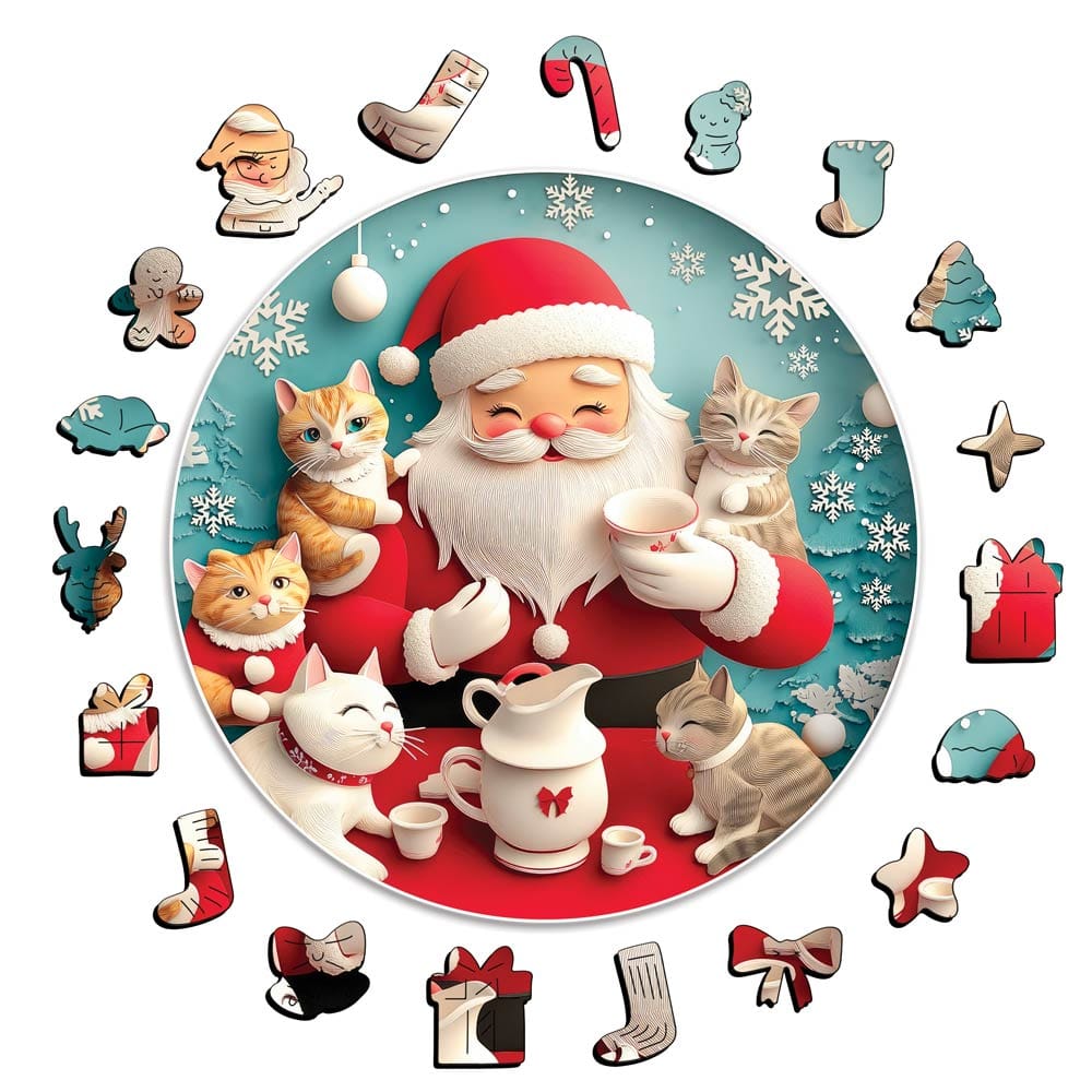 Wooden Jigsaw Puzzles A5 Santa with Cats - Jigsaw Puzzle