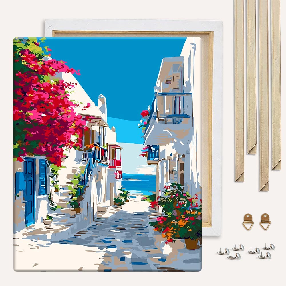 Painting By Numbers Kits With DIY Wood Frame Santorini Sea View - Paint By Numbers Kit