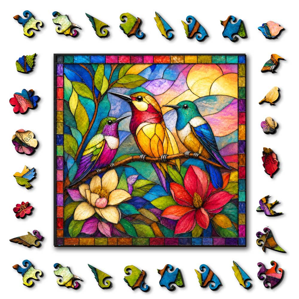 Wooden Jigsaw Puzzles A5 Songbird Garden - Stained Glass Jigsaw Puzzle