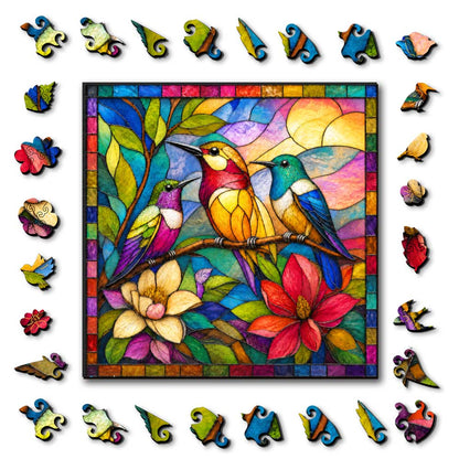 Wooden Jigsaw Puzzles A5 Songbird Garden - Stained Glass Jigsaw Puzzle