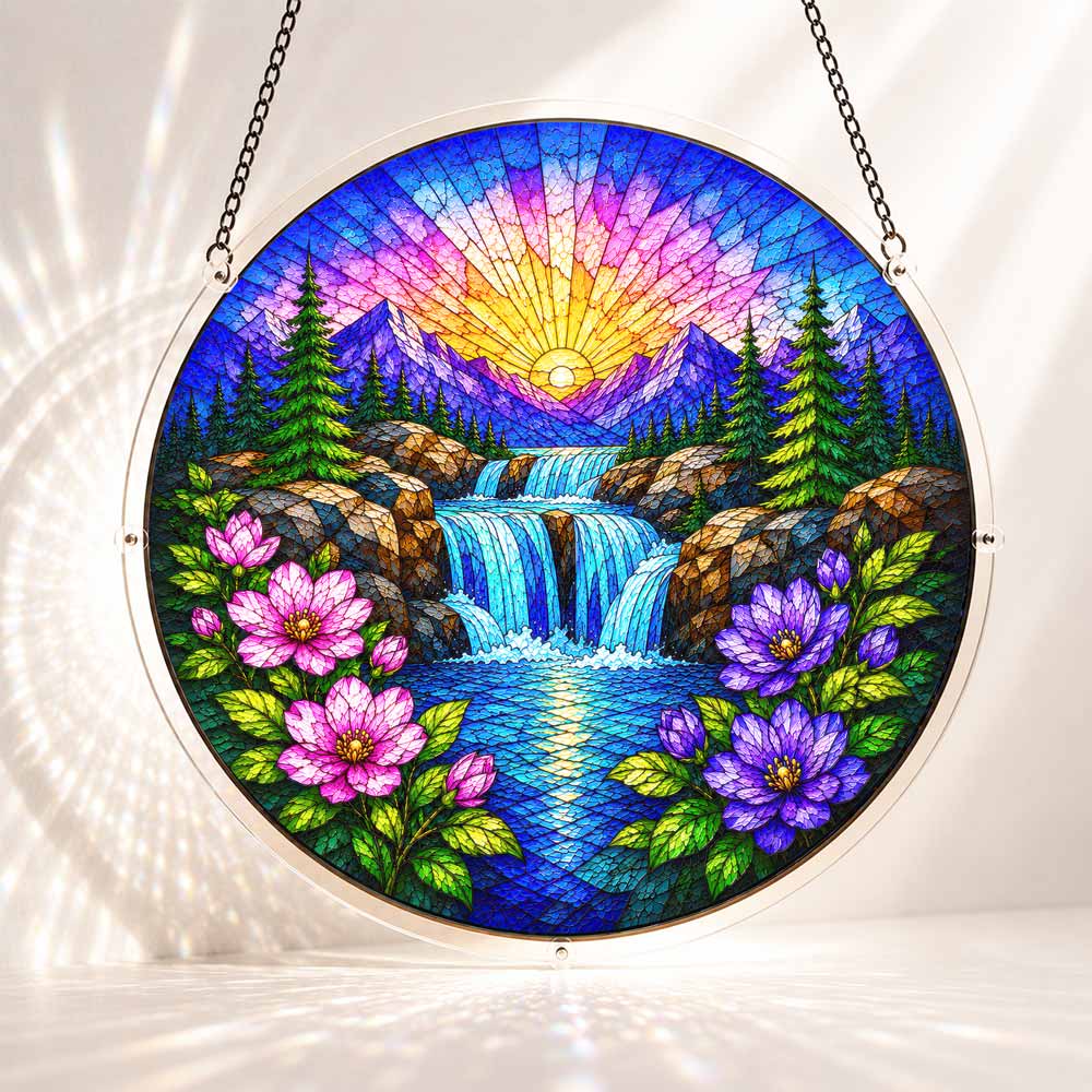 Acrylic Jigsaw Puzzle S - (7 inch) Acrylic Jigsaw Puzzle Suncatcher - Sunrise Waterfall