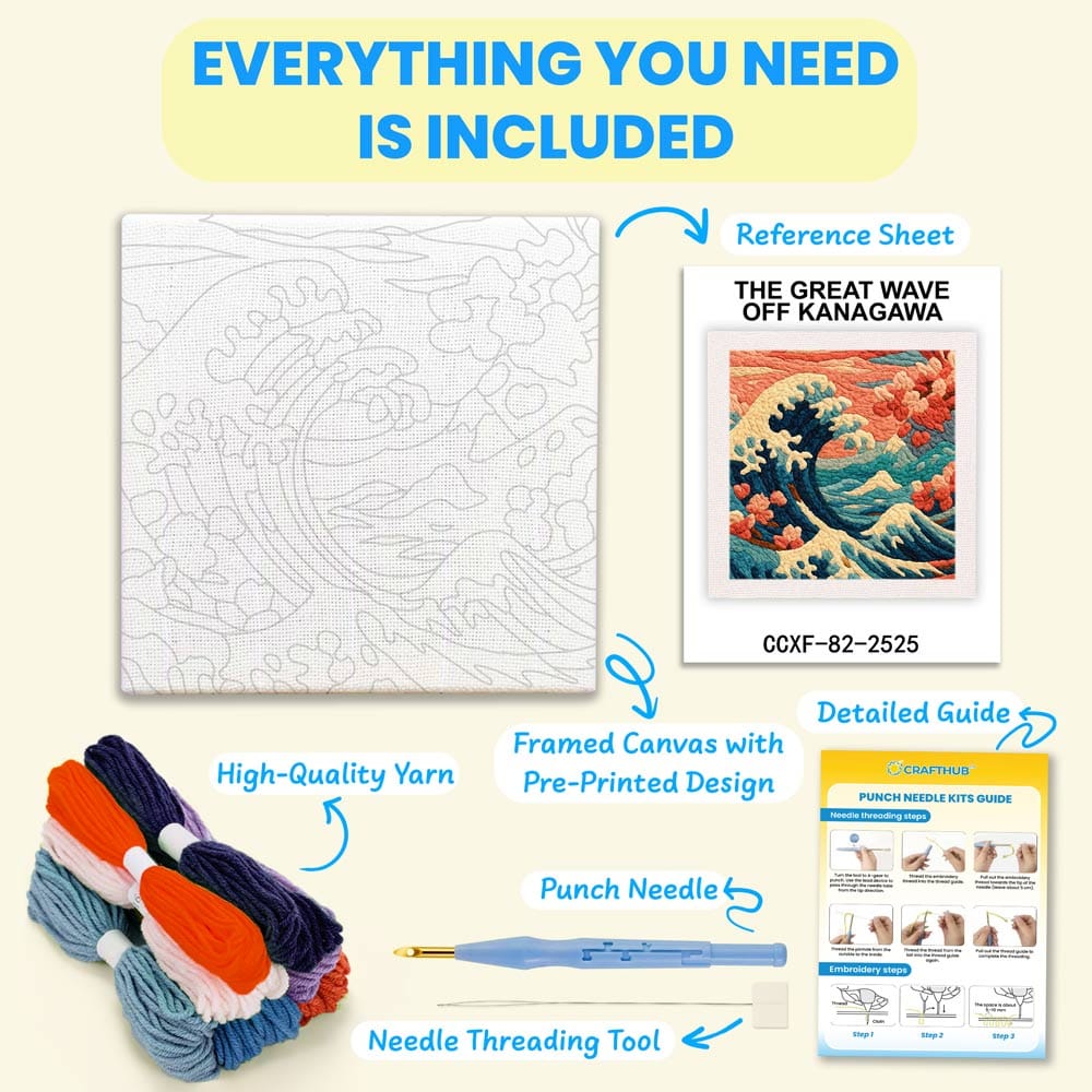 Painting By Numbers Kits 9.8" x 9.8" (25x25cm) The Great Wave off Kanagawa - Punch Needle Kit