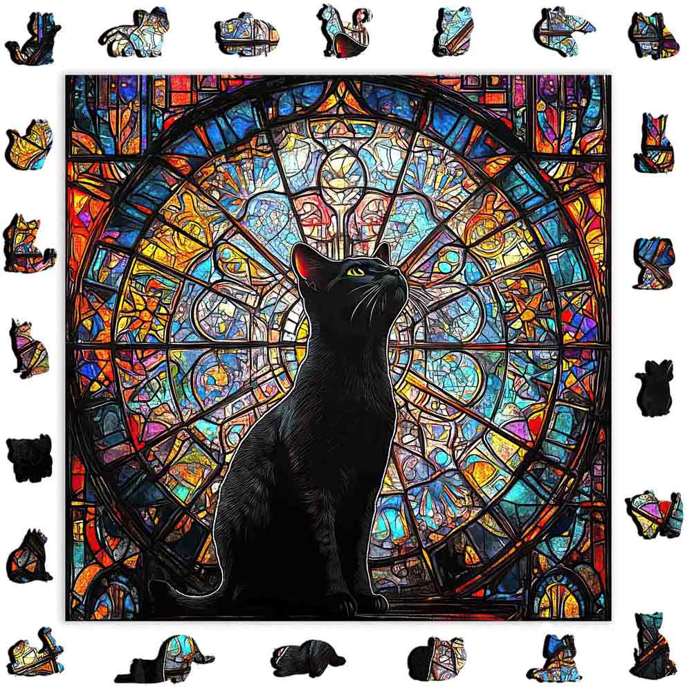 Animal Jigsaw Puzzle > Wooden Jigsaw Puzzle > Jigsaw Puzzle A5/Small 🔥Last Day - Stained Glass Cat - Wooden Jigsaw Puzzle