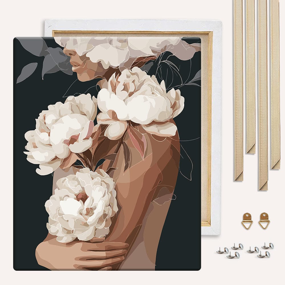 Painting By Numbers Kits With DIY Wood Frame White Peonies in Love - Paint By Numbers Kit