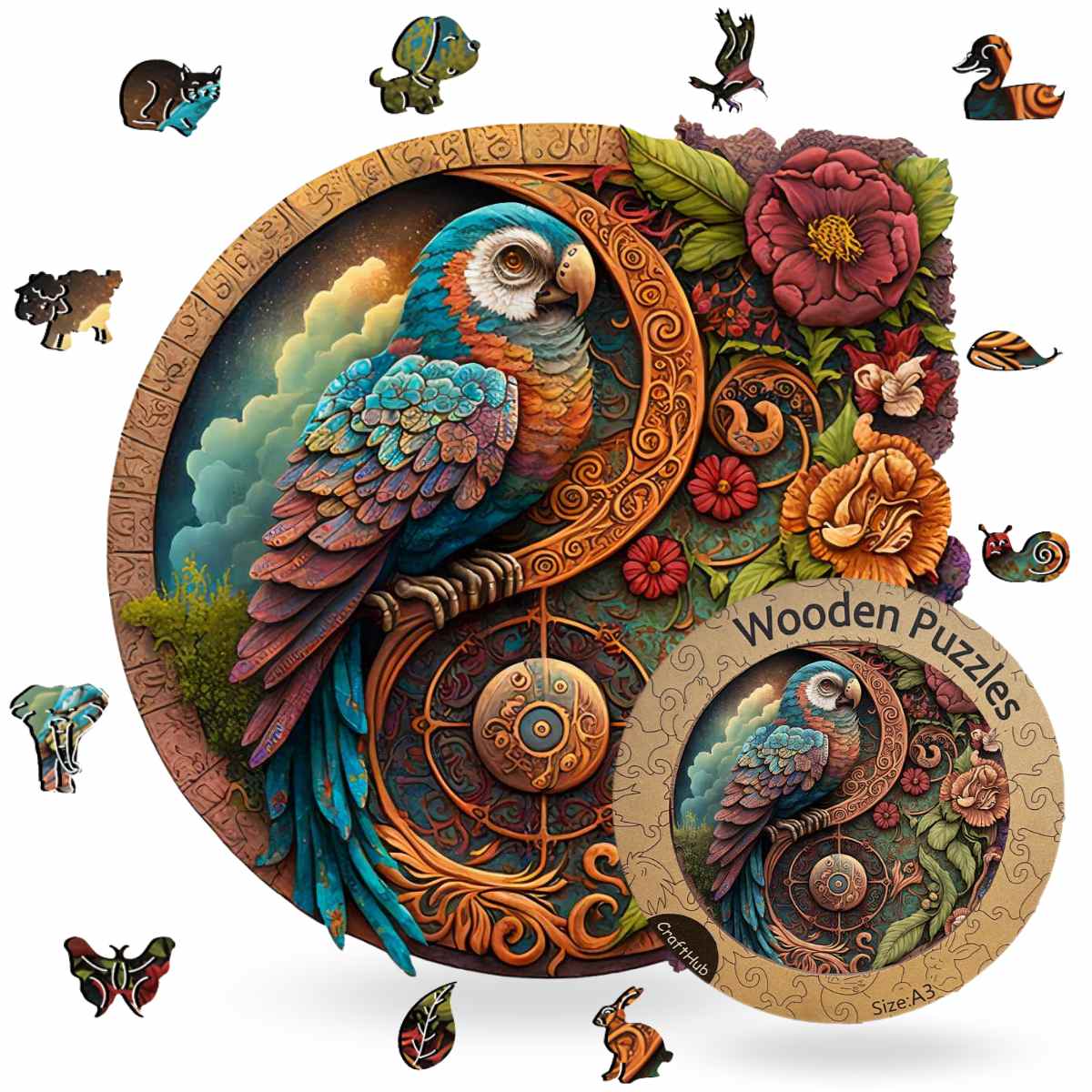 Animal Jigsaw Puzzle > Wooden Jigsaw Puzzle > Jigsaw Puzzle A3+Wooden Box Parrot Yin Yang - Jigsaw Puzzle